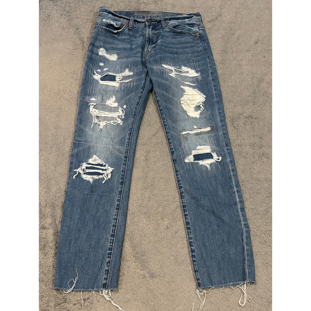 American Eagle Slim Distressed Jeans Mens 28x30 Medium Wash Raw Hem 100% Cotton